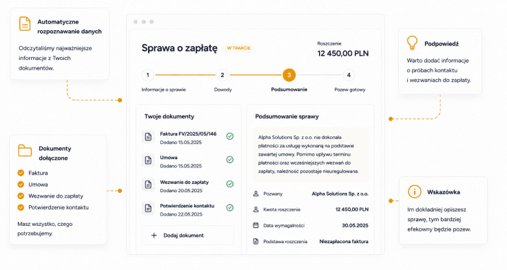 Dashboard pozywacz: automatyczne rozpoznawanie danych, dokumenty dołączane, sprawa w toku