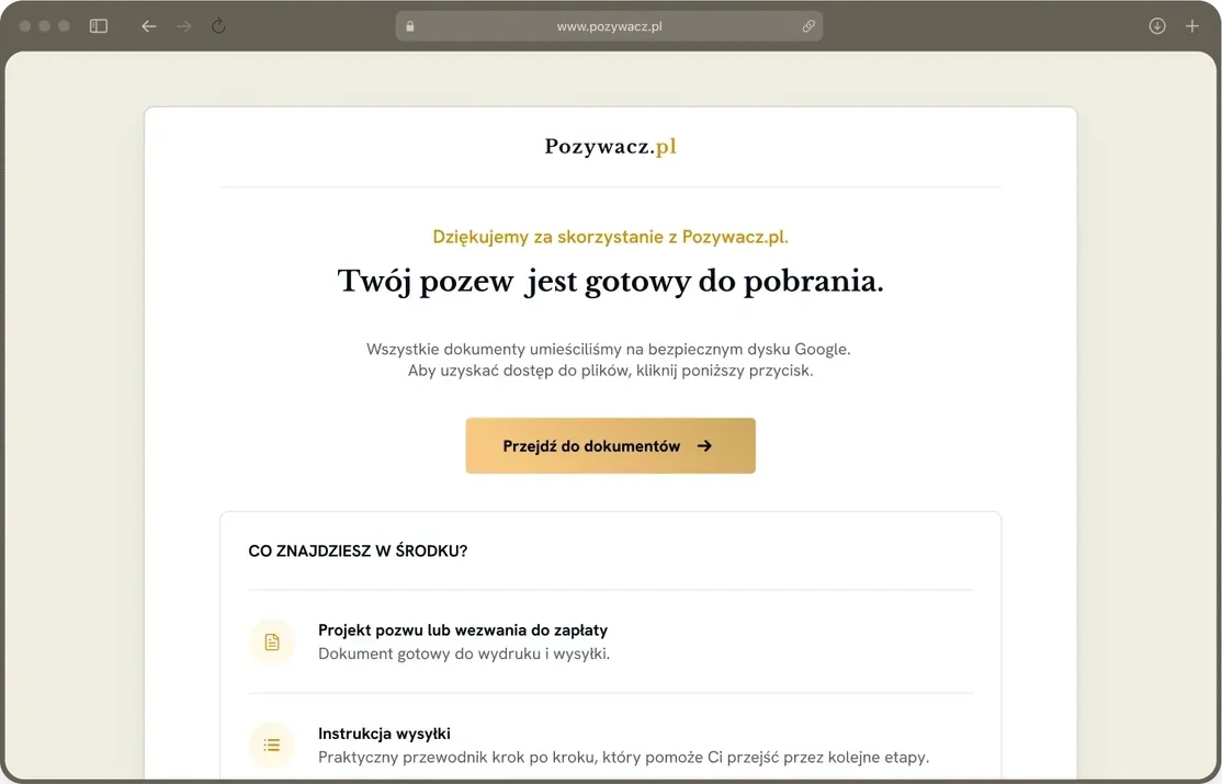Podgląd kreatora pozwów - krok 3: Otrzymaj pozew w 7 dni